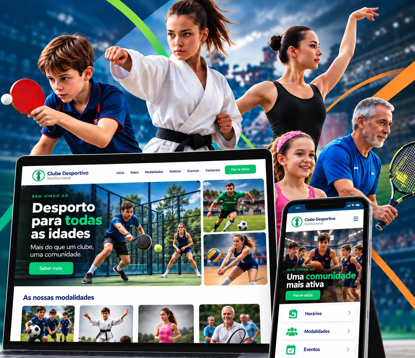 Praticantes de ténis de mesa, karaté, dança e ténis à volta de um website de clube desportivo em computador e telemóvel